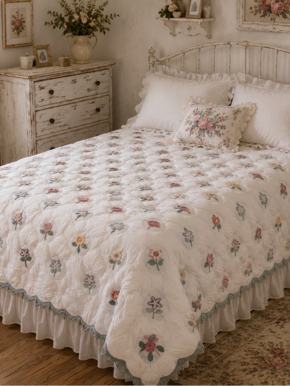 OOAK Handmade White Floral Crochet Appliqué Cotton Comforter Blue Crochet Trim